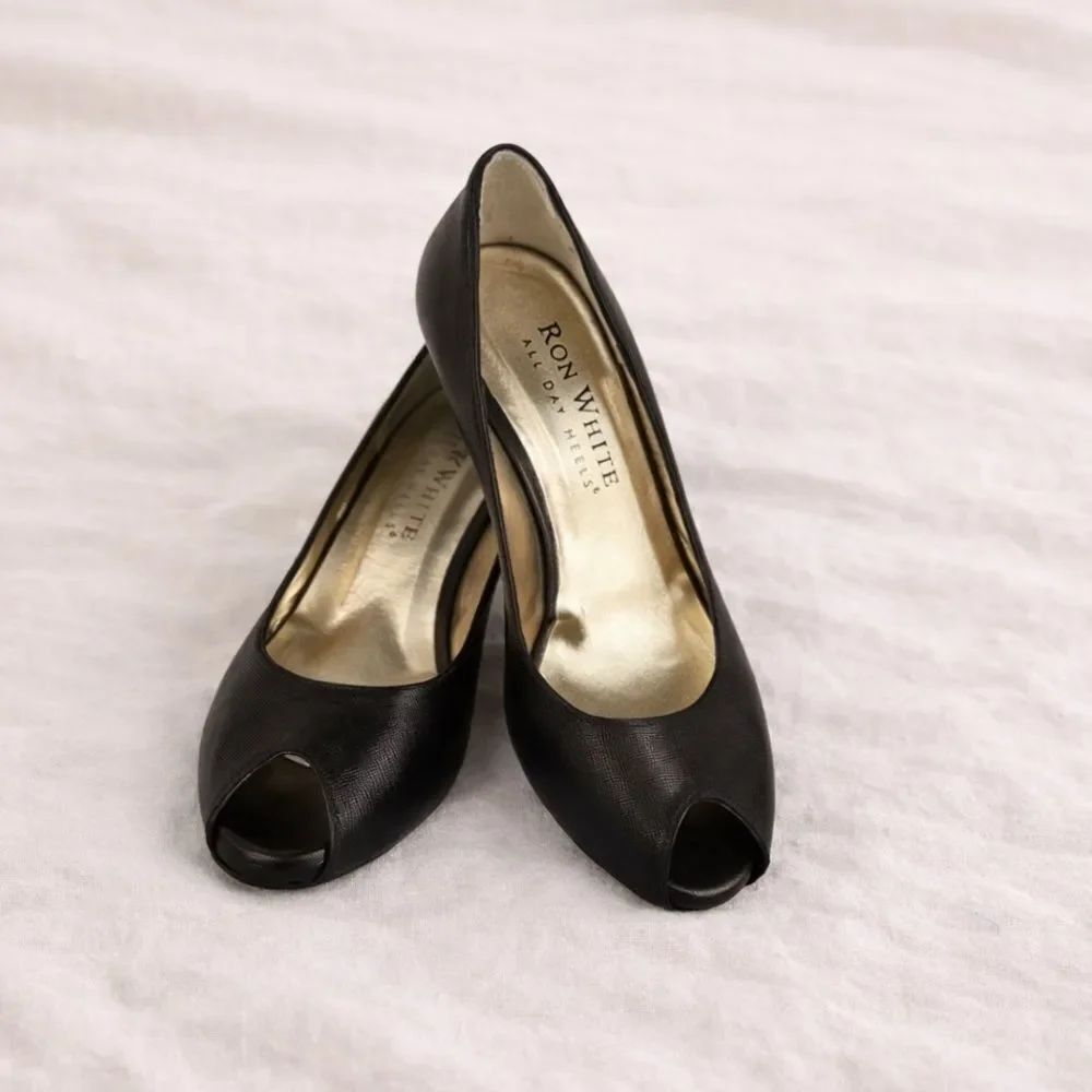 Ron White Black Leather Peep Toe Pumps Heels Classic Dress Shoes Size 8.5-9